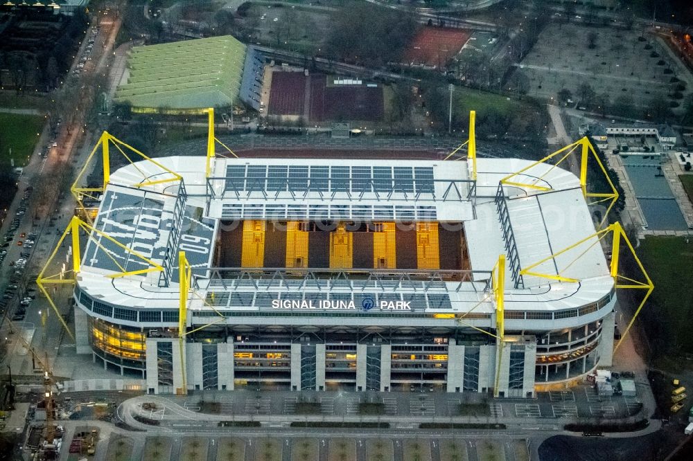 Aerial image at night Dortmund - Night shot of Borusseum, the Signal Iduna Park stadium of Borussia Dortmund