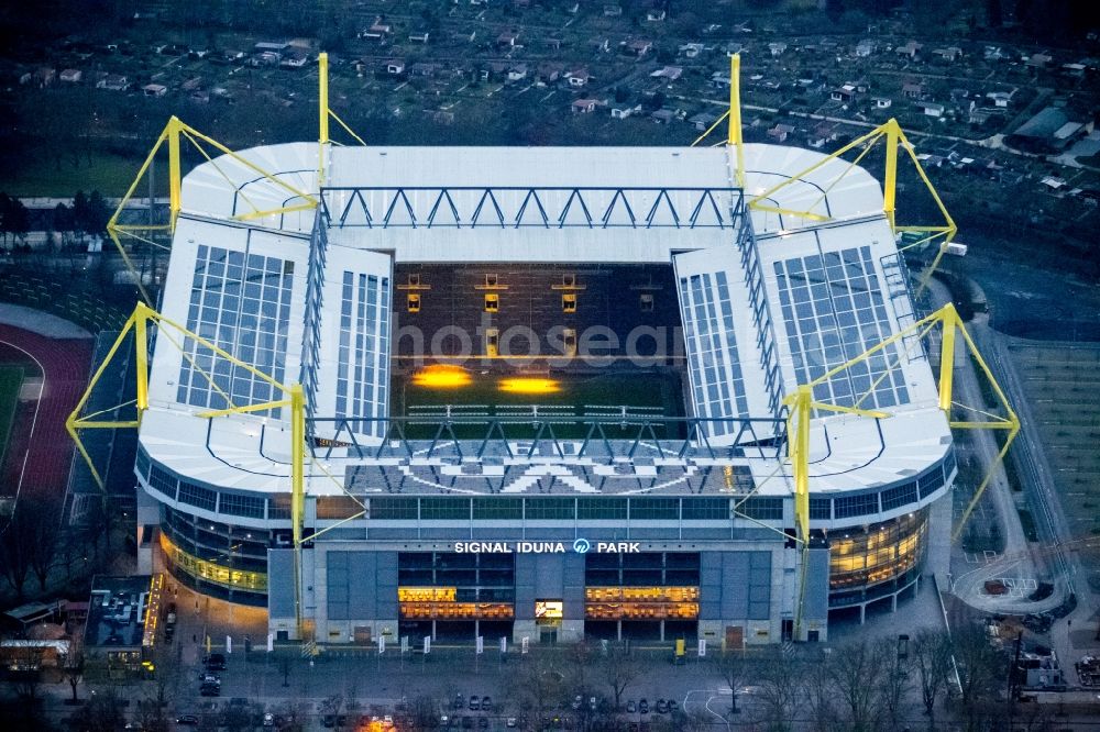 Dortmund at night from above - Night shot of Borusseum, the Signal Iduna Park stadium of Borussia Dortmund