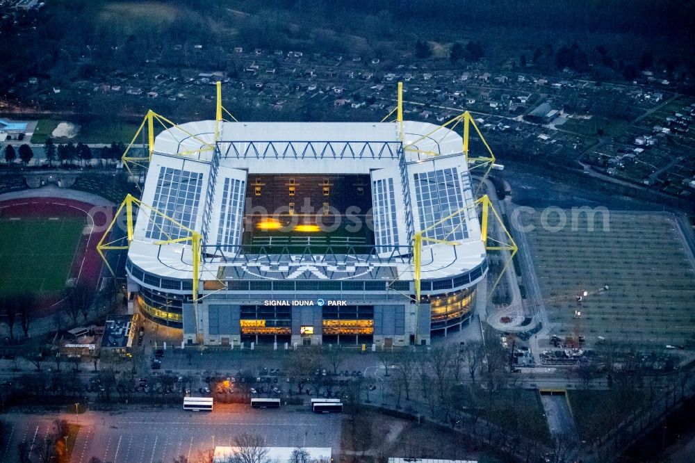 Dortmund at night from the bird perspective: Night shot of Borusseum, the Signal Iduna Park stadium of Borussia Dortmund