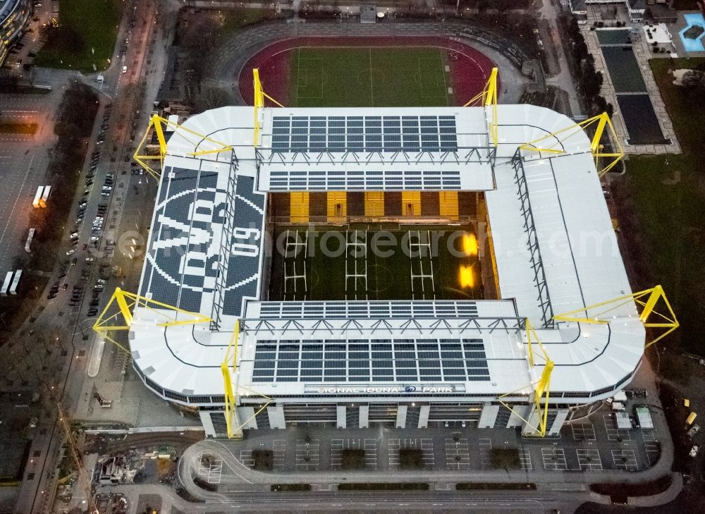 Aerial image at night Dortmund - Night shot of Borusseum, the Signal Iduna Park stadium of Borussia Dortmund