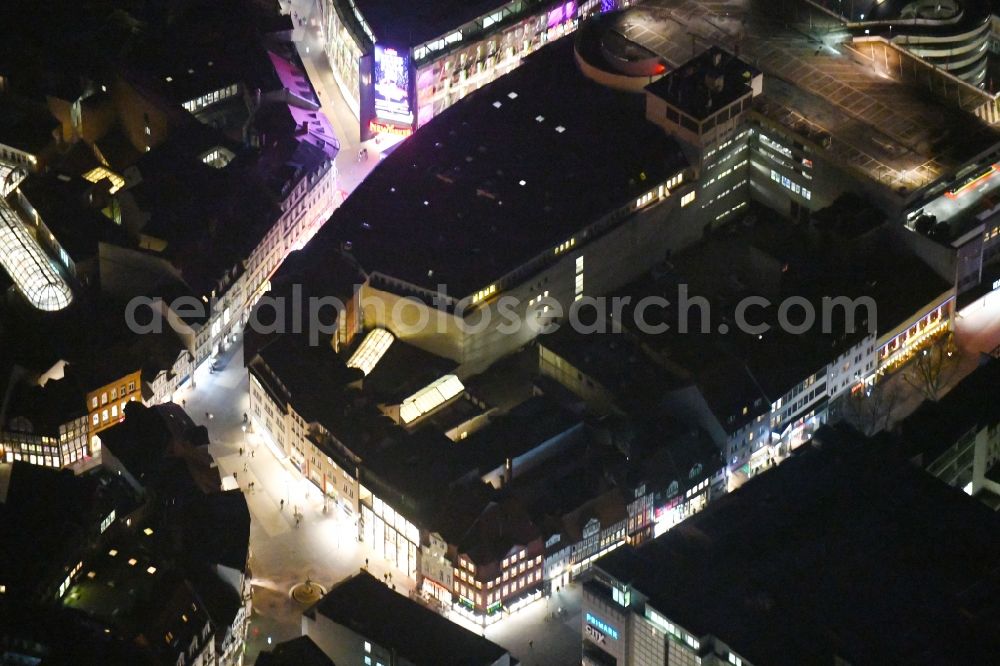 Braunschweig at night from above - Night lighting Office building - Ensemble along the Schuhstrasse in Brunswick in the state Lower Saxony, Germany