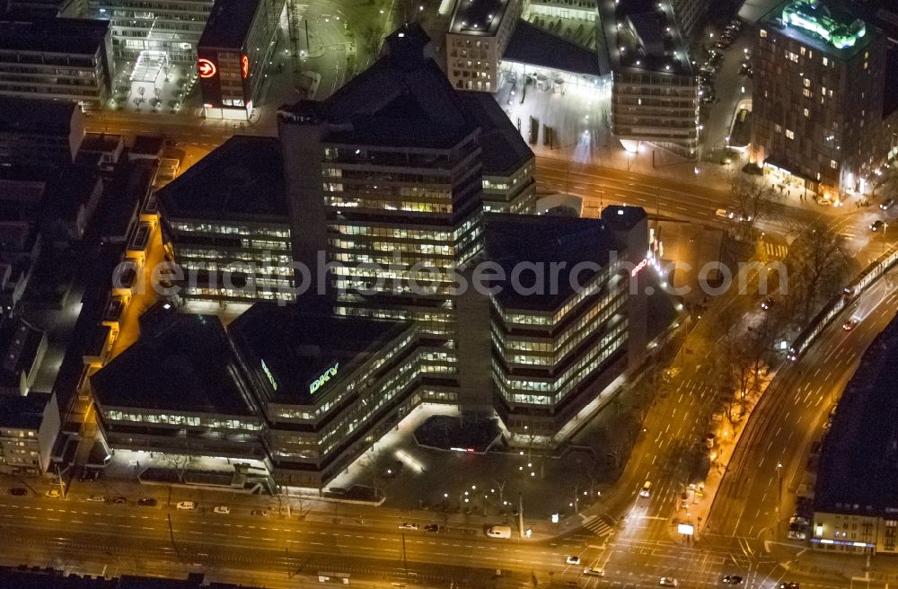 Aerial image at night KÖLN - Night aerial view of the office building of the administration of insurance DKV and ERGO in Cologne in North Rhine-Westphalia NRW