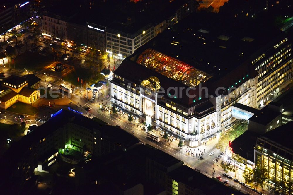 Aerial photograph at night Berlin - Night aerial view of the illuminated KaDeWe ( Kaufhaus des Westens ) in the Tauentzienstrasse at Wittenberg Platz in Berlin - Schoeneberg. The world-famous department store is a operated by the Nicolas Berggruen Holdings GmbH