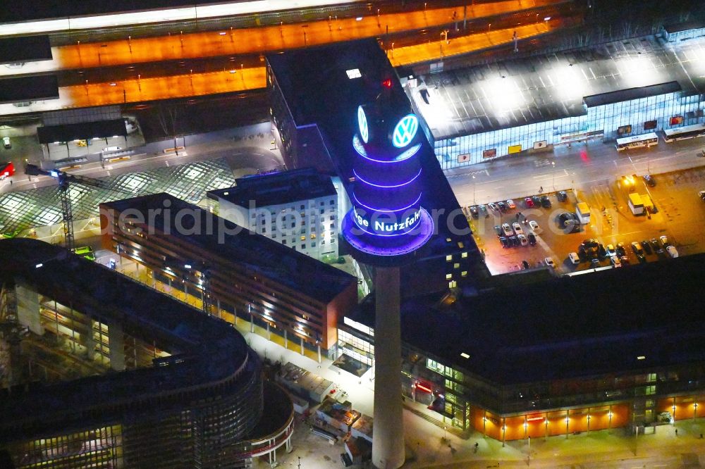 Aerial photograph at night Hannover - Night lighting Television Tower VW-Turm on Hamburger Allee in Hannover in the state Lower Saxony, Germany