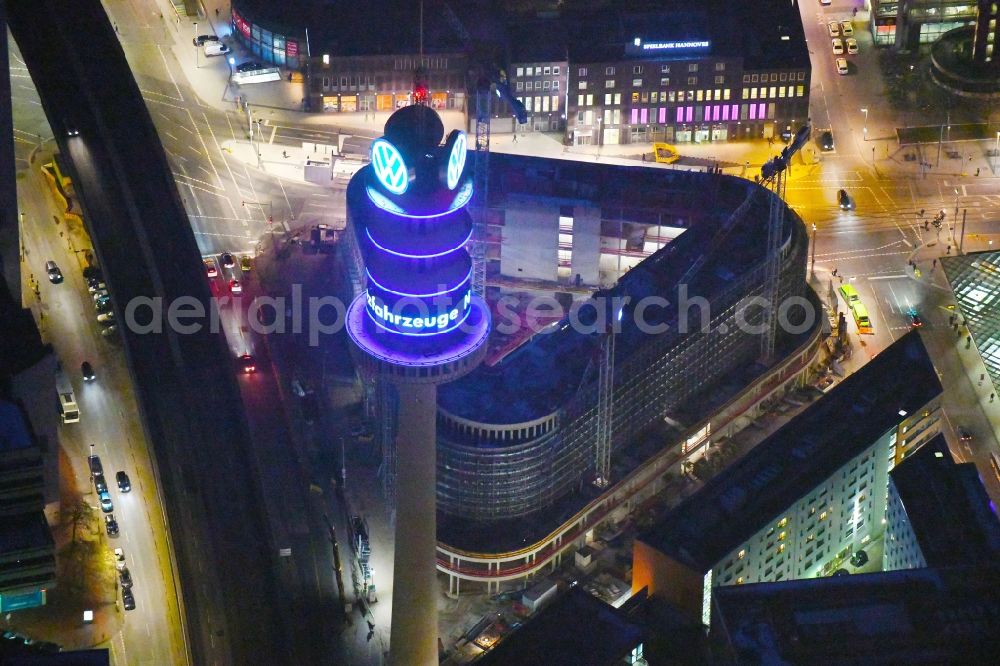 Hannover at night from above - Night lighting Television Tower VW-Turm on Hamburger Allee in Hannover in the state Lower Saxony, Germany