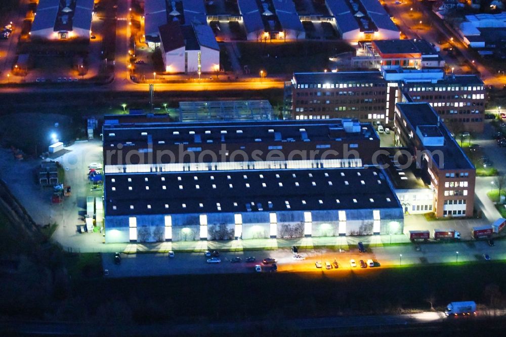 Aerial image at night Erfurt - Night lighting Publishing house complex of the press and media house of Zeitungen Thueringer Allgemeine, Thueringische Londeszeitung and Allgemeiner Anzeiger in Erfurt in the state Thuringia, Germany