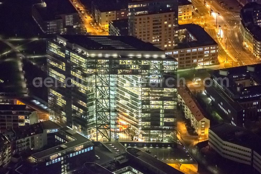 Aerial photograph at night Düsseldorf - Night aerial view of the complex The Gate, the administration seat of Dusseldorf in North Rhine-Westphalia