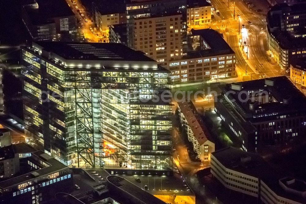 Aerial image at night Düsseldorf - Night aerial view of the complex The Gate, the administration seat of Dusseldorf in North Rhine-Westphalia