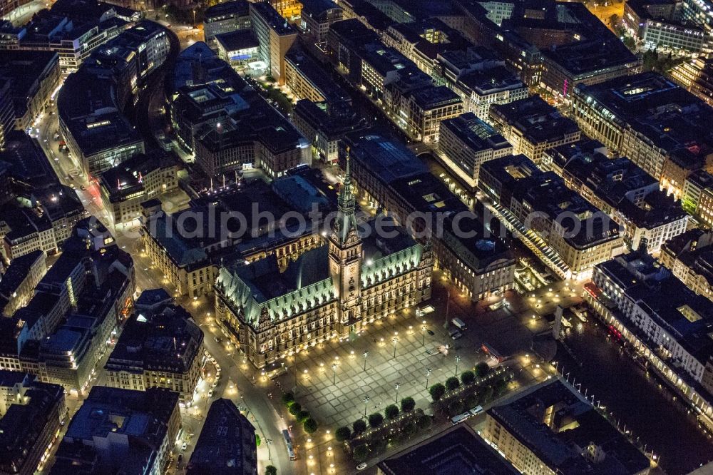 Hamburg at night from above - Nigt view of The City Hall is the seat of citizenship ( Parliament ) and the Senate ( Government ) of the Free and Hanseatic City of Hamburg. The town hall is part of the North German Renaissance style