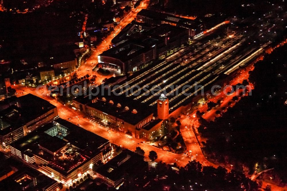 Stuttgart at night from the bird perspective: Night lighting track progress and building of the main station of the railway in Stuttgart in the state Baden-Wurttemberg, Germany