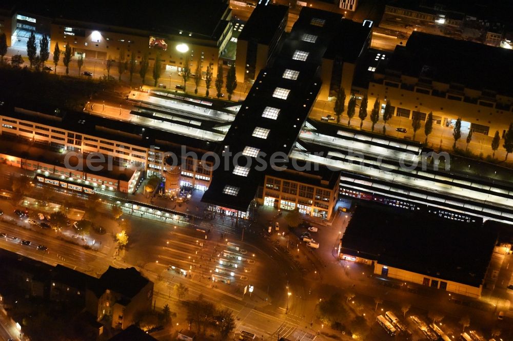 Potsdam at night from above - Night image of the main station of the railway in Potsdam in the state of Brandenburg