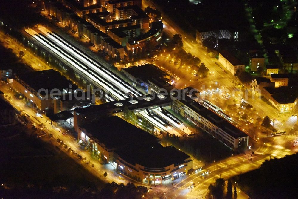 Potsdam at night from above - Night image of the main station of the railway in Potsdam in the state of Brandenburg