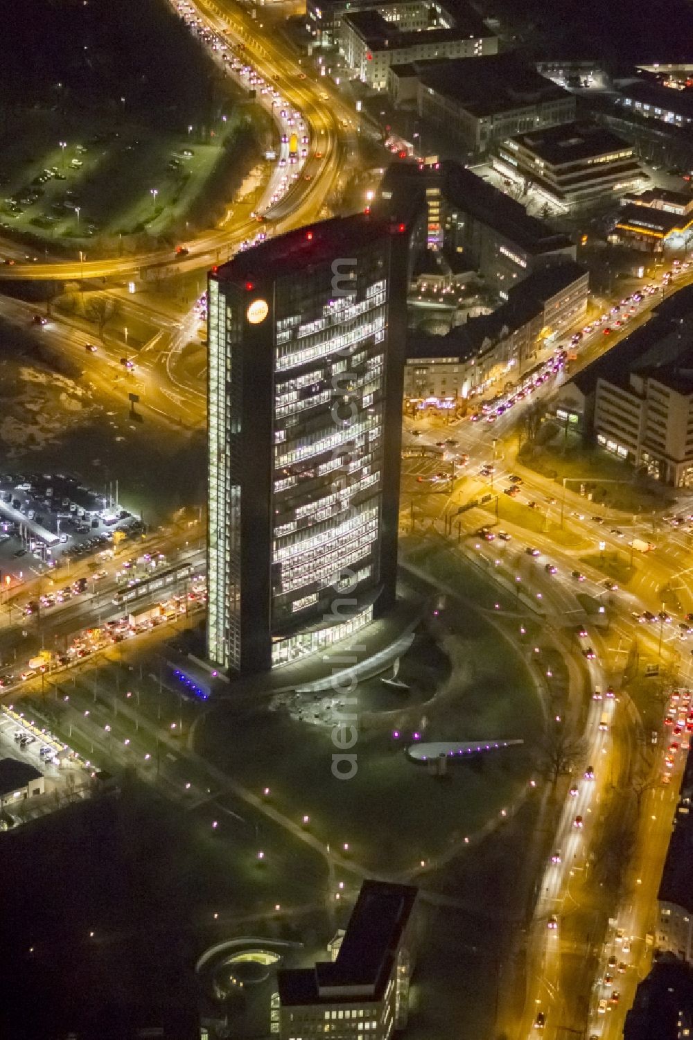 Düsseldorf at night from above - Night aerial view of the building of the Insurance Arag on Moers Broicher egg in Dusseldorf in North Rhine-Westphalia