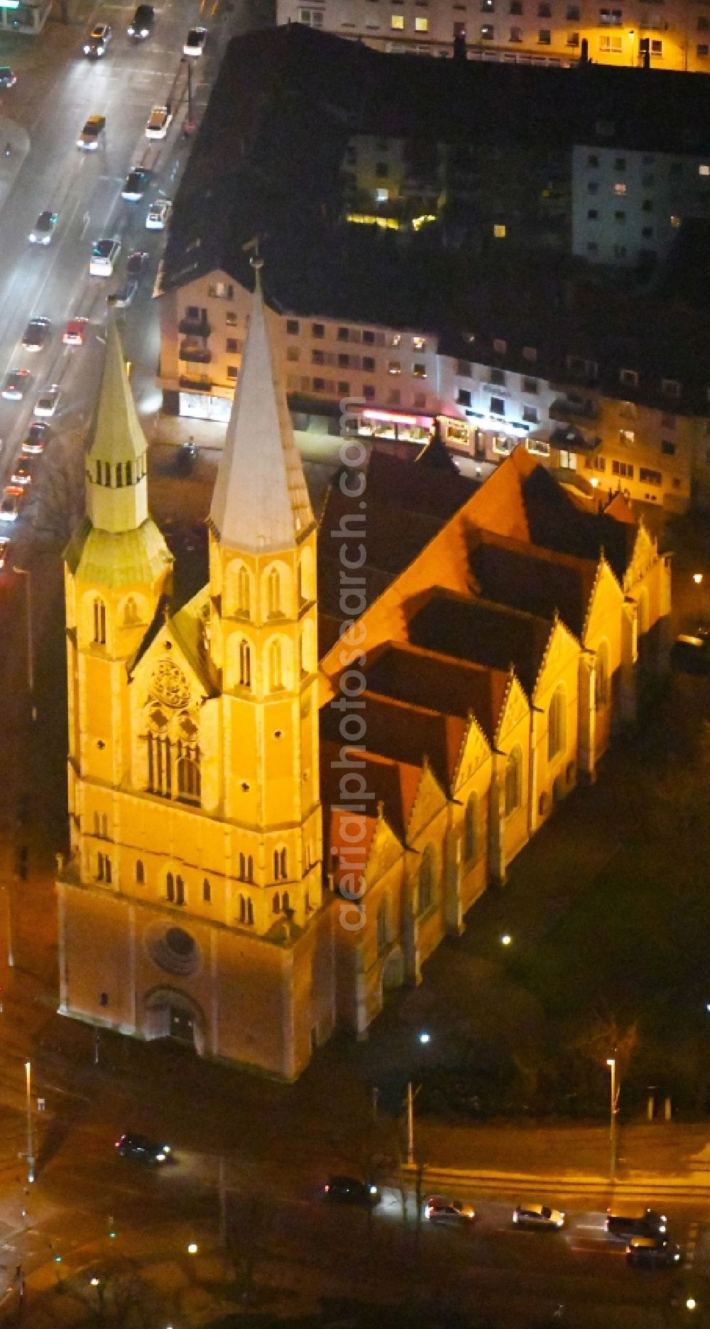 Aerial image at night Braunschweig - Night lighting Church building St. Katharinenkirche in Braunschweig in the state Lower Saxony