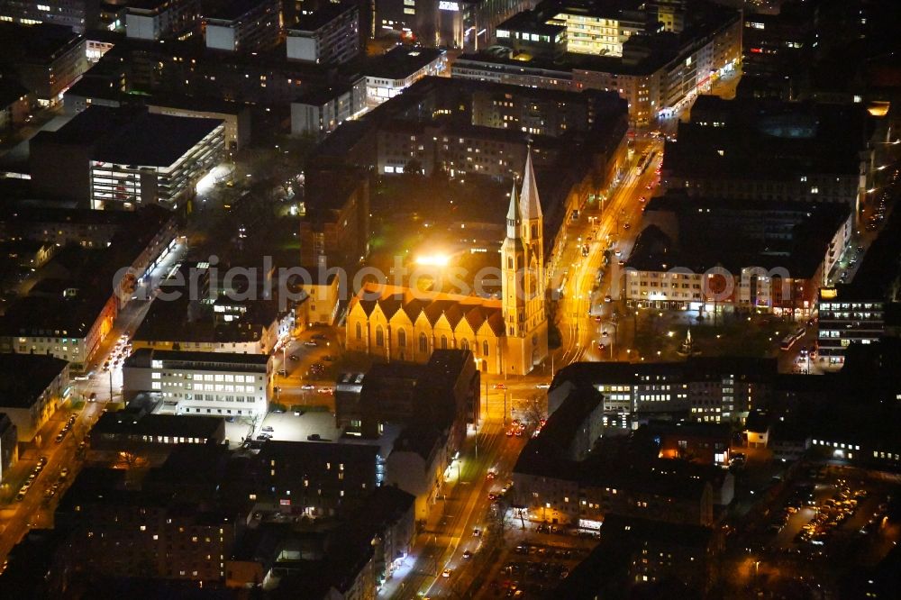 Braunschweig at night from above - Night lighting Church building St. Katharinenkirche in Braunschweig in the state Lower Saxony