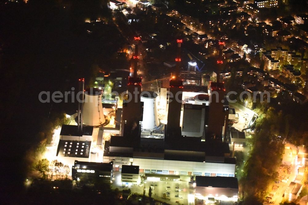 Berlin at night from above - Night image of the Exhaust towers of the Vattenfall Europe AG at the canal eltowkanal in Berlin Lichterfelde