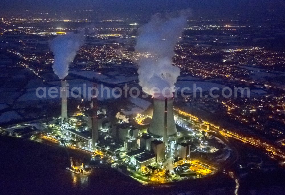 Aerial image at night Voerde - Night aerial view of Voerde power plant, a coal-fired power plant in Voerde (Niederrhein) in Wesel on the banks of the Rhine. It is the largest power station of Evonik Industries is associated operator STEAG