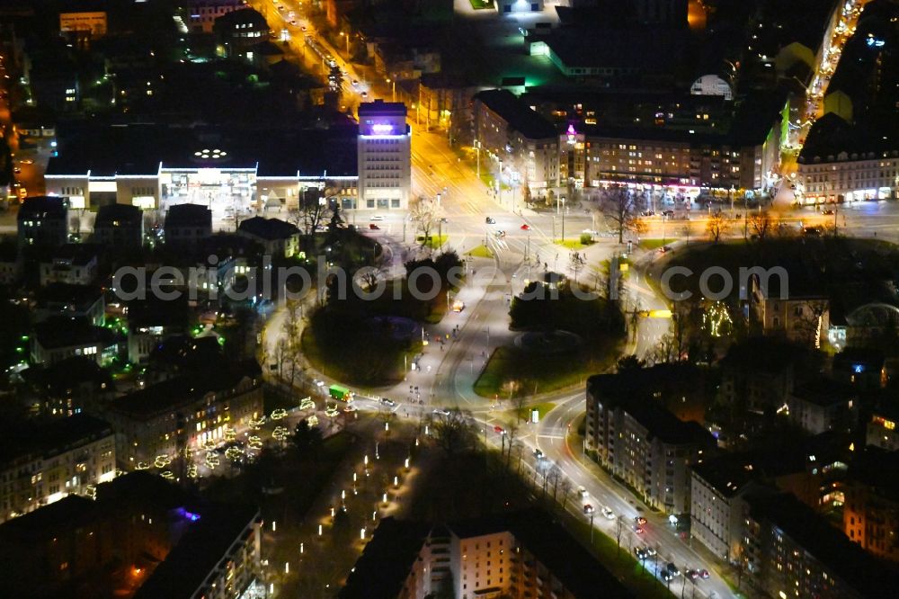 Dresden at night from above - Night lighting Traffic management of the roundabout road on Albertplatz in the district Cossebaude in Dresden in the state Saxony, Germany