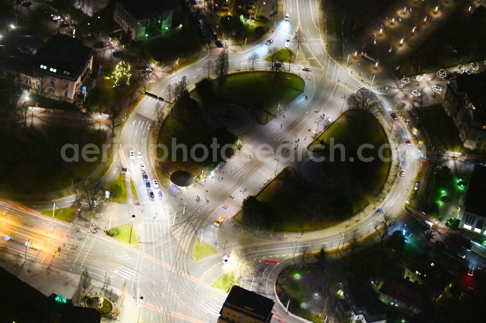 Aerial photograph at night Dresden - Night lighting Traffic management of the roundabout road on Albertplatz in the district Cossebaude in Dresden in the state Saxony, Germany