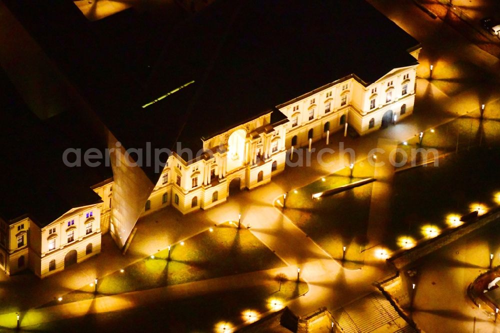Aerial image at night Dresden - Night lighting View of the Dresden Military History Museum ( Army Museum ) during the implementation and expansion