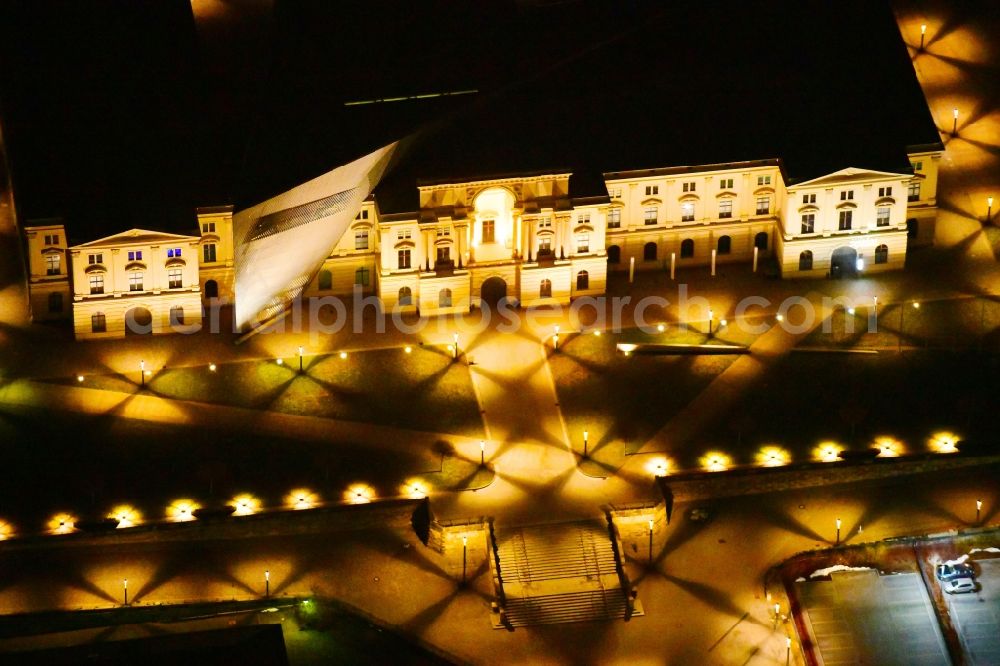 Dresden at night from the bird perspective: Night lighting View of the Dresden Military History Museum ( Army Museum ) during the implementation and expansion