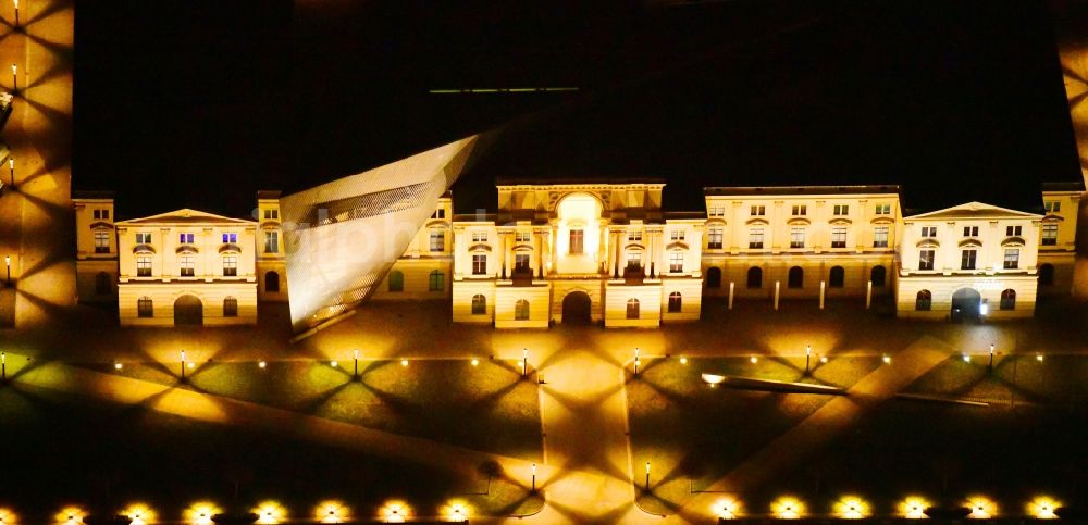 Aerial photograph at night Dresden - Night lighting View of the Dresden Military History Museum ( Army Museum ) during the implementation and expansion