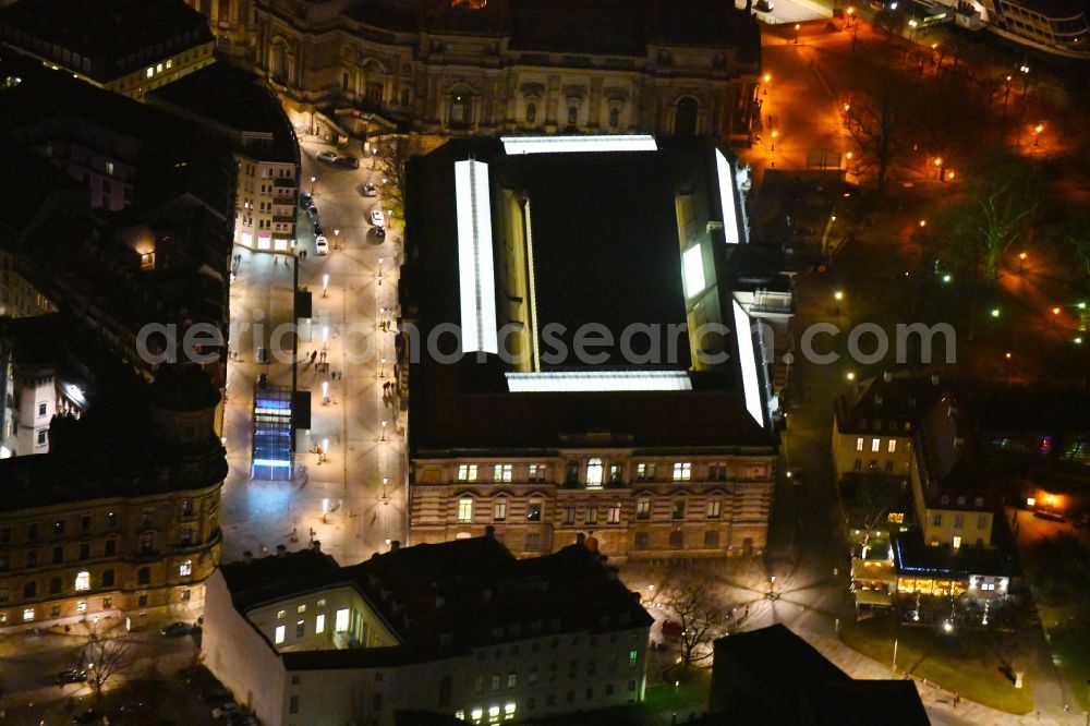 Aerial image at night Dresden - Night lighting Museum building ensemble Albertinum on Tzschirnerplatz in the district Altstadt in Dresden in the state Saxony, Germany