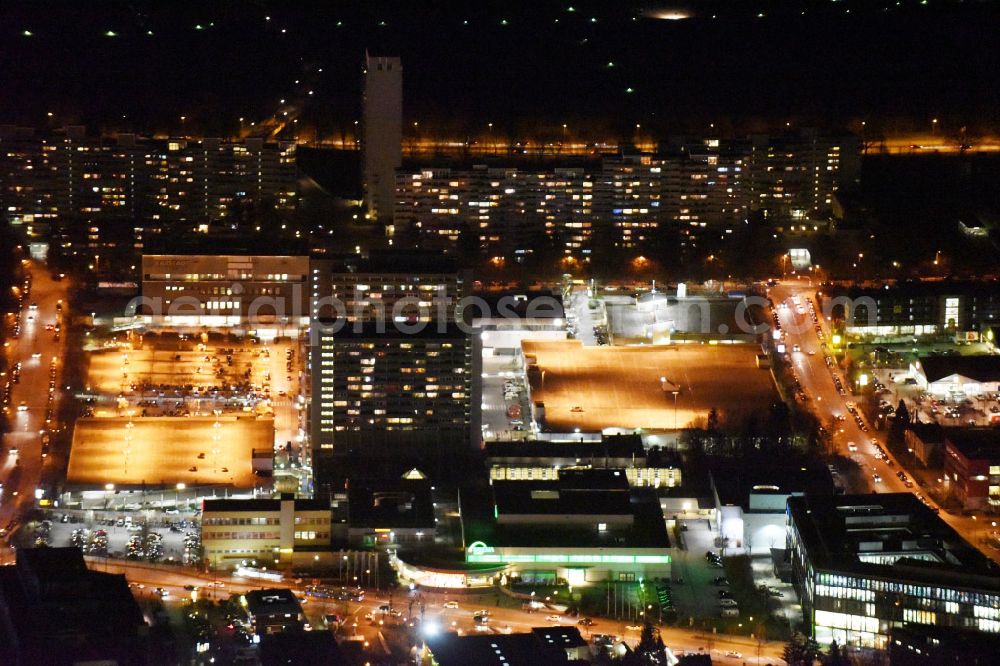 München at night from above - Night view of the Olympia shopping center in the district Moosach in Munich in the state Bavaria. A project of ECE Projektmanagement GmbH & Co. KG