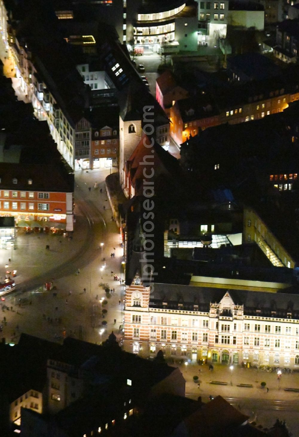 Aerial photograph at night Erfurt - Night lighting Ensemble space Anger in the inner city center in the district Zentrum in Erfurt in the state Thuringia, Germany