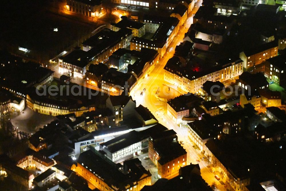 Weimar at night from the bird perspective: Night lighting Ensemble space of Wielandplatz in the inner city center in Weimar in the state Thuringia, Germany