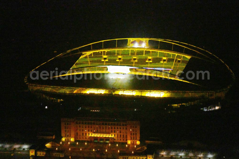 Aerial photograph at night Leipzig - Night lighting on the sports ground of the stadium Red Bull Arena Am Sportforum in Leipzig in the state Saxony, Germany