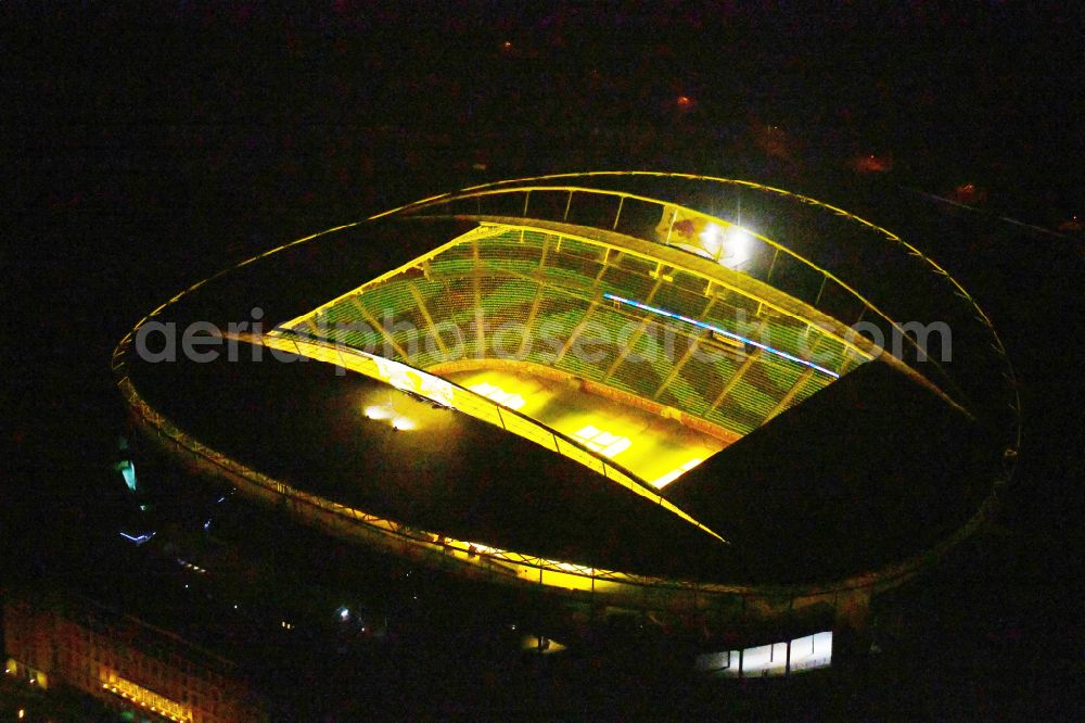 Aerial image at night Leipzig - Night lighting on the sports ground of the stadium Red Bull Arena Am Sportforum in Leipzig in the state Saxony, Germany