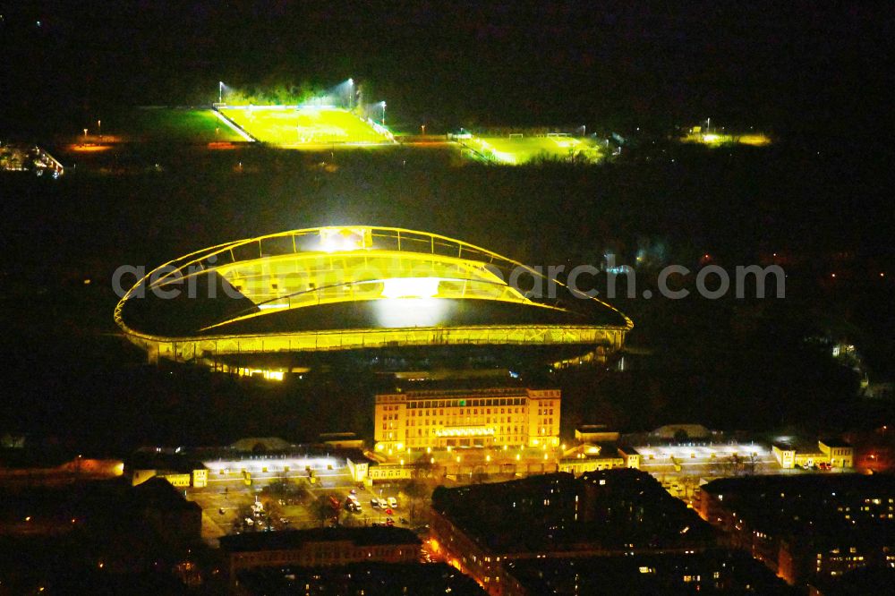 Leipzig at night from above - Night lighting on the sports ground of the stadium Red Bull Arena Am Sportforum in Leipzig in the state Saxony, Germany