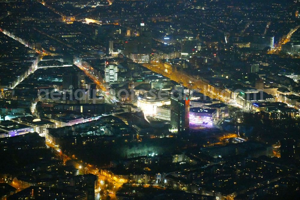 Aerial photograph at night Düsseldorf - Night lighting the city center in the downtown area on Martin-Luther-Platz in Duesseldorf in the state North Rhine-Westphalia, Germany