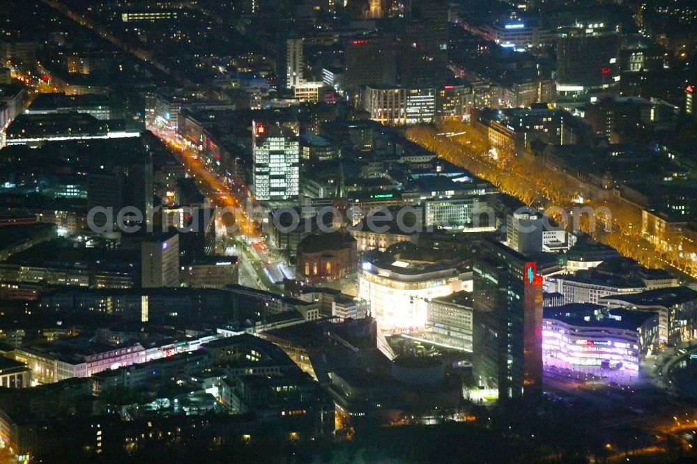 Aerial image at night Düsseldorf - Night lighting the city center in the downtown area on Martin-Luther-Platz in Duesseldorf in the state North Rhine-Westphalia, Germany