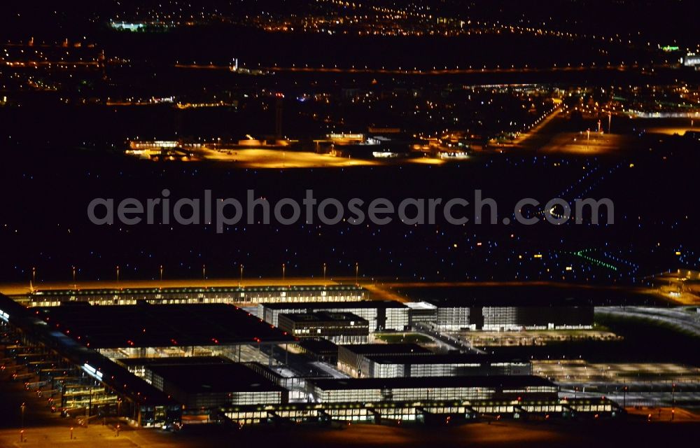 Aerial image at night Schönefeld - Site of the new airport BER / BBI AIRPORT BERLIN BRANDENBURG Willi Brandt in Schoenefeld in Brandenburg. The new terminal is in the south of the airport Berlin -Schoenefeld quality built