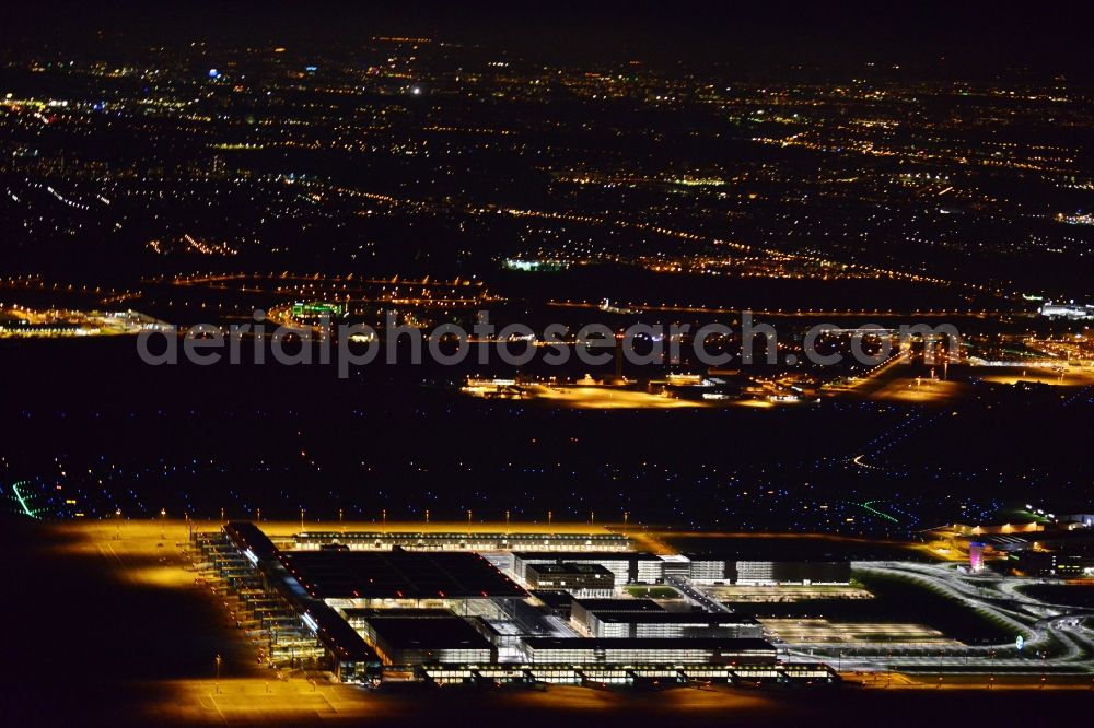 Schönefeld at night from above - Site of the new airport BER / BBI AIRPORT BERLIN BRANDENBURG Willi Brandt in Schoenefeld in Brandenburg. The new terminal is in the south of the airport Berlin -Schoenefeld quality built