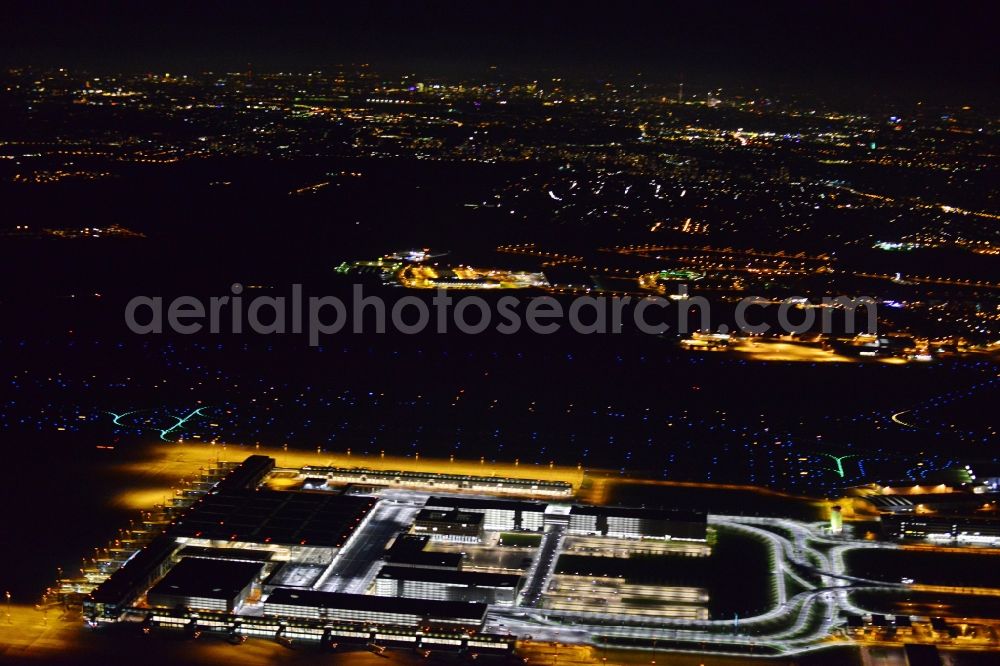 Aerial photograph at night Schönefeld - Site of the new airport BER / BBI AIRPORT BERLIN BRANDENBURG Willi Brandt in Schoenefeld in Brandenburg. The new terminal is in the south of the airport Berlin -Schoenefeld quality built