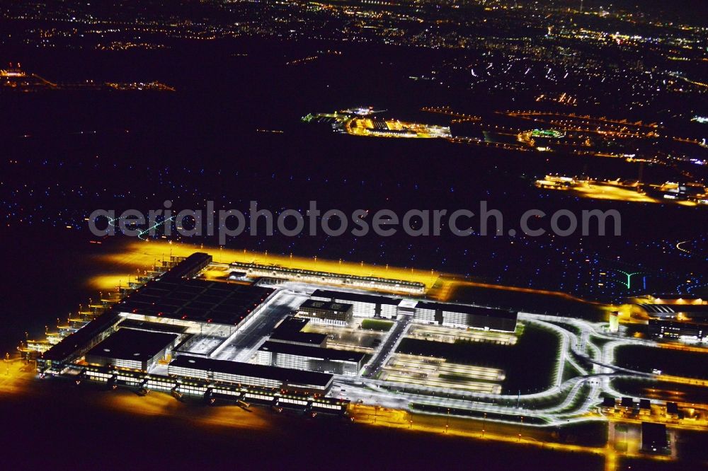 Schönefeld at night from above - Site of the new airport BER / BBI AIRPORT BERLIN BRANDENBURG Willi Brandt in Schoenefeld in Brandenburg. The new terminal is in the south of the airport Berlin -Schoenefeld quality built