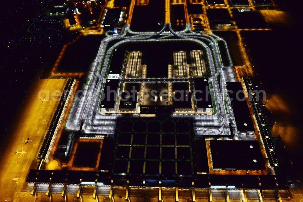 Aerial image at night Schönefeld - Site of the new airport BER / BBI AIRPORT BERLIN BRANDENBURG Willi Brandt in Schoenefeld in Brandenburg. The new terminal is in the south of the airport Berlin -Schoenefeld quality built