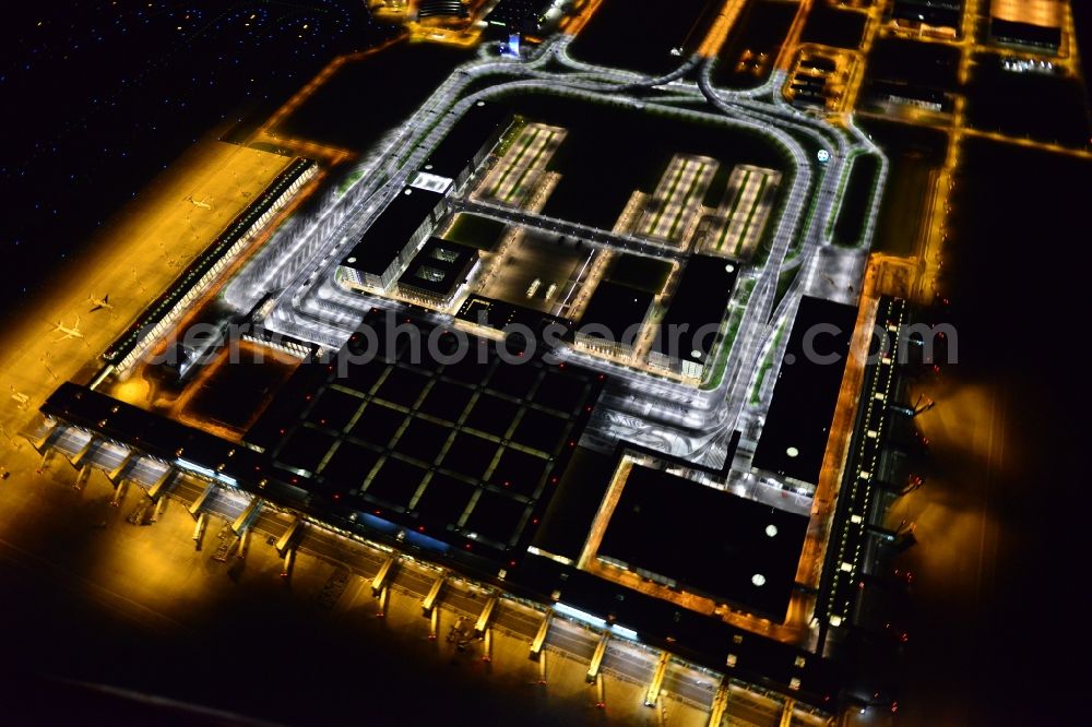 Schönefeld at night from above - Site of the new airport BER / BBI AIRPORT BERLIN BRANDENBURG Willi Brandt in Schoenefeld in Brandenburg. The new terminal is in the south of the airport Berlin -Schoenefeld quality built