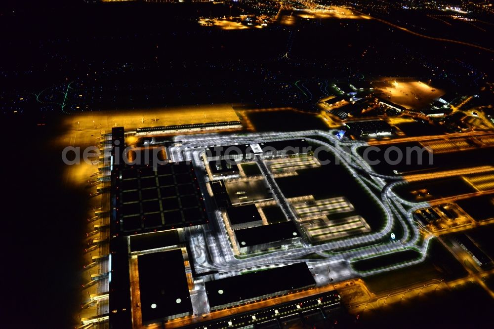 Aerial photograph at night Schönefeld - Site of the new airport BER / BBI AIRPORT BERLIN BRANDENBURG Willi Brandt in Schoenefeld in Brandenburg. The new terminal is in the south of the airport Berlin -Schoenefeld quality built