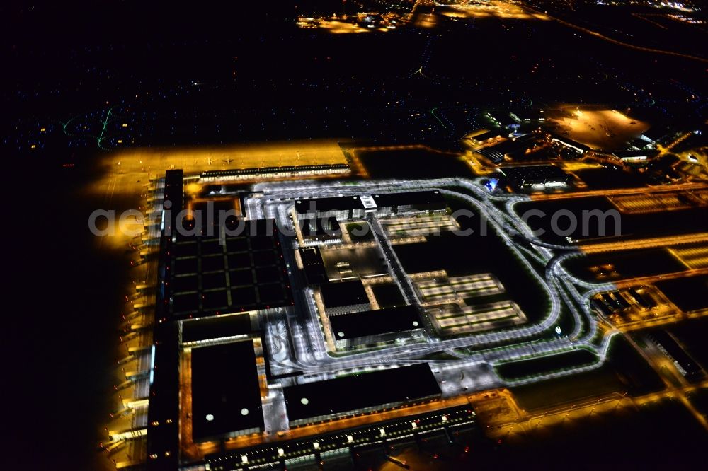 Aerial image at night Schönefeld - Site of the new airport BER / BBI AIRPORT BERLIN BRANDENBURG Willi Brandt in Schoenefeld in Brandenburg. The new terminal is in the south of the airport Berlin -Schoenefeld quality built