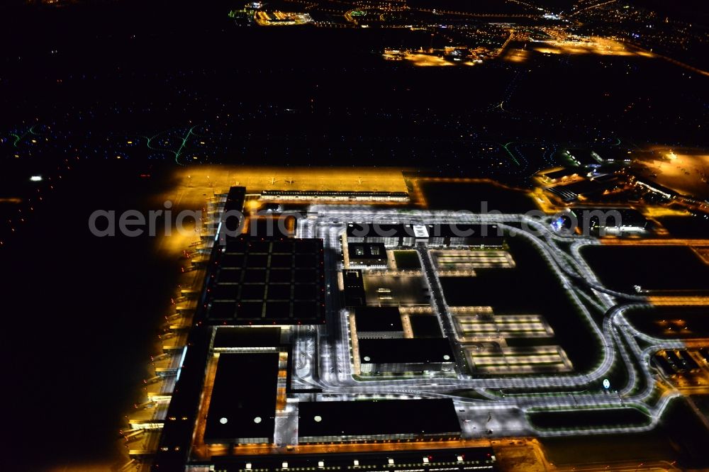 Schönefeld at night from above - Site of the new airport BER / BBI AIRPORT BERLIN BRANDENBURG Willi Brandt in Schoenefeld in Brandenburg. The new terminal is in the south of the airport Berlin -Schoenefeld quality built