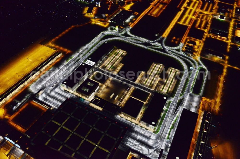 Aerial image at night Schönefeld - Site of the new airport BER / BBI AIRPORT BERLIN BRANDENBURG Willi Brandt in Schoenefeld in Brandenburg. The new terminal is in the south of the airport Berlin -Schoenefeld quality built