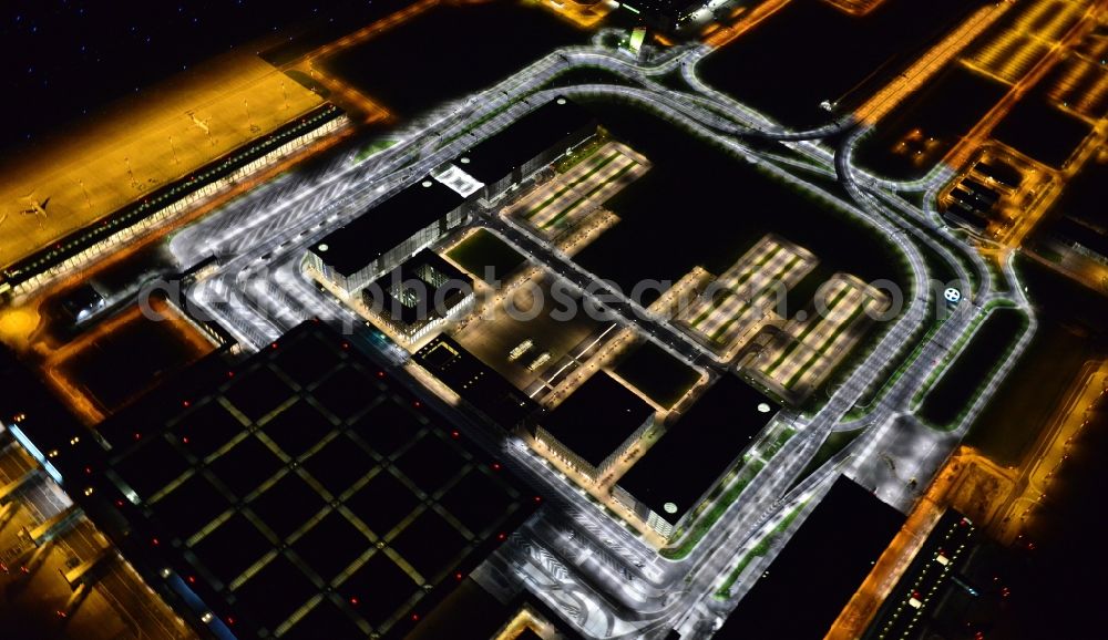 Schönefeld at night from above - Site of the new airport BER / BBI AIRPORT BERLIN BRANDENBURG Willi Brandt in Schoenefeld in Brandenburg. The new terminal is in the south of the airport Berlin -Schoenefeld quality built