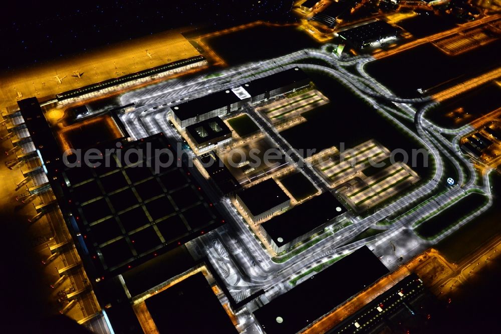 Aerial photograph at night Schönefeld - Site of the new airport BER / BBI AIRPORT BERLIN BRANDENBURG Willi Brandt in Schoenefeld in Brandenburg. The new terminal is in the south of the airport Berlin -Schoenefeld quality built