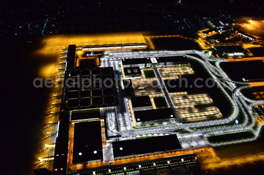 Aerial image at night Schönefeld - Site of the new airport BER / BBI AIRPORT BERLIN BRANDENBURG Willi Brandt in Schoenefeld in Brandenburg. The new terminal is in the south of the airport Berlin -Schoenefeld quality built