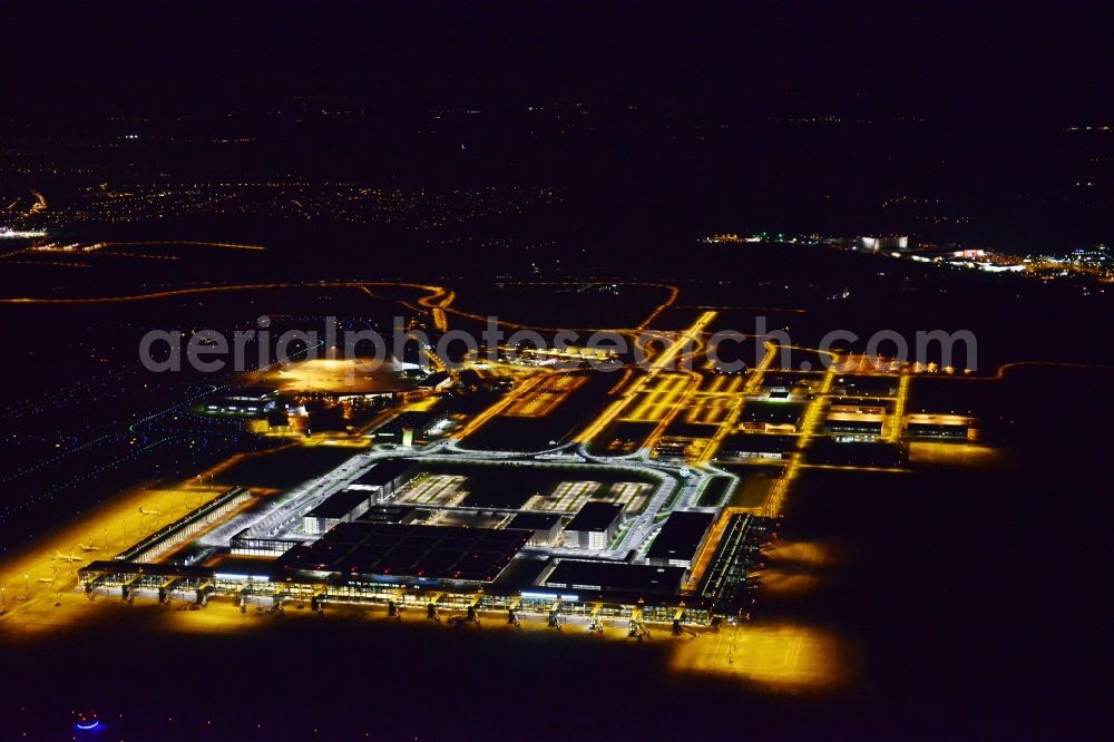 Schönefeld at night from above - Site of the new airport BER / BBI AIRPORT BERLIN BRANDENBURG Willi Brandt in Schoenefeld in Brandenburg. The new terminal is in the south of the airport Berlin -Schoenefeld quality built