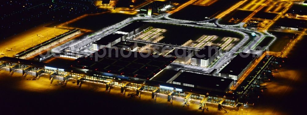 Aerial photograph at night Schönefeld - Site of the new airport BER / BBI AIRPORT BERLIN BRANDENBURG Willi Brandt in Schoenefeld in Brandenburg. The new terminal is in the south of the airport Berlin -Schoenefeld quality built